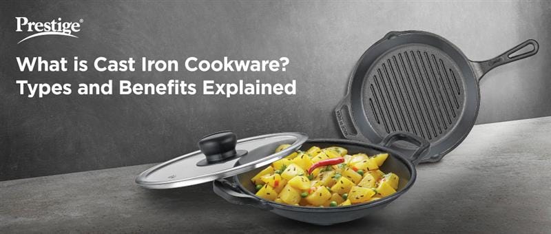 Prestige cast iron cookware with a skillet and grill pan, featuring cooked vegetables and a lid, showcasing types and benefits of cast iron cookware.
